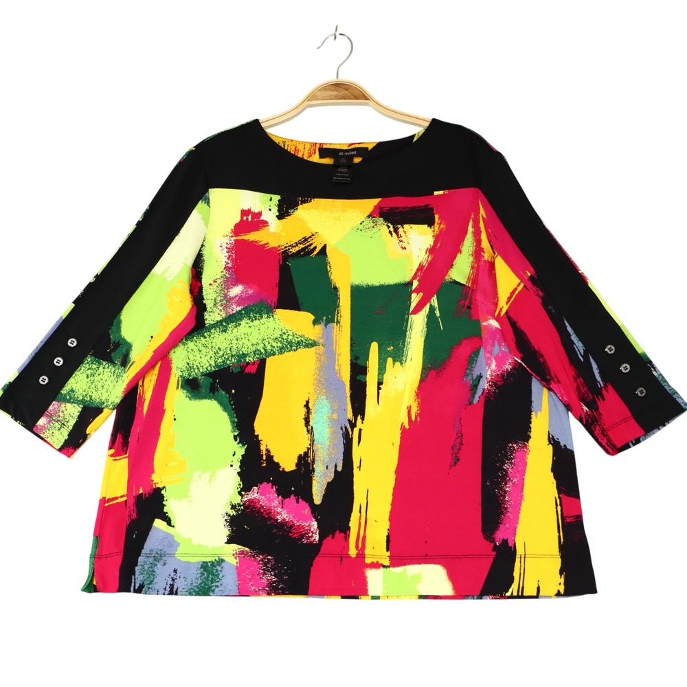 Ali Miles Abstract Brushstroke 3/4 Sleeve Jersey Top PL Multicolor Art Lagenlook